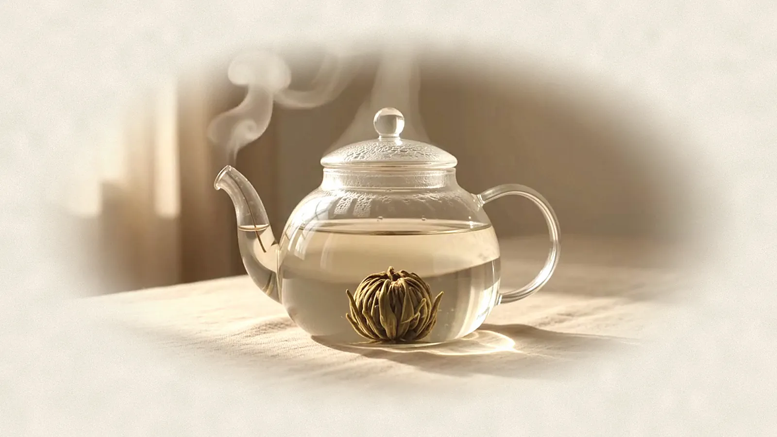 Esfera de té cerrada dentro de una tetera de vidrio, con vapor